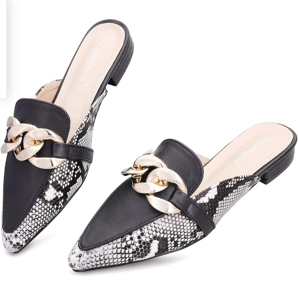 Elegant Snake Print Mules with Gold Chain